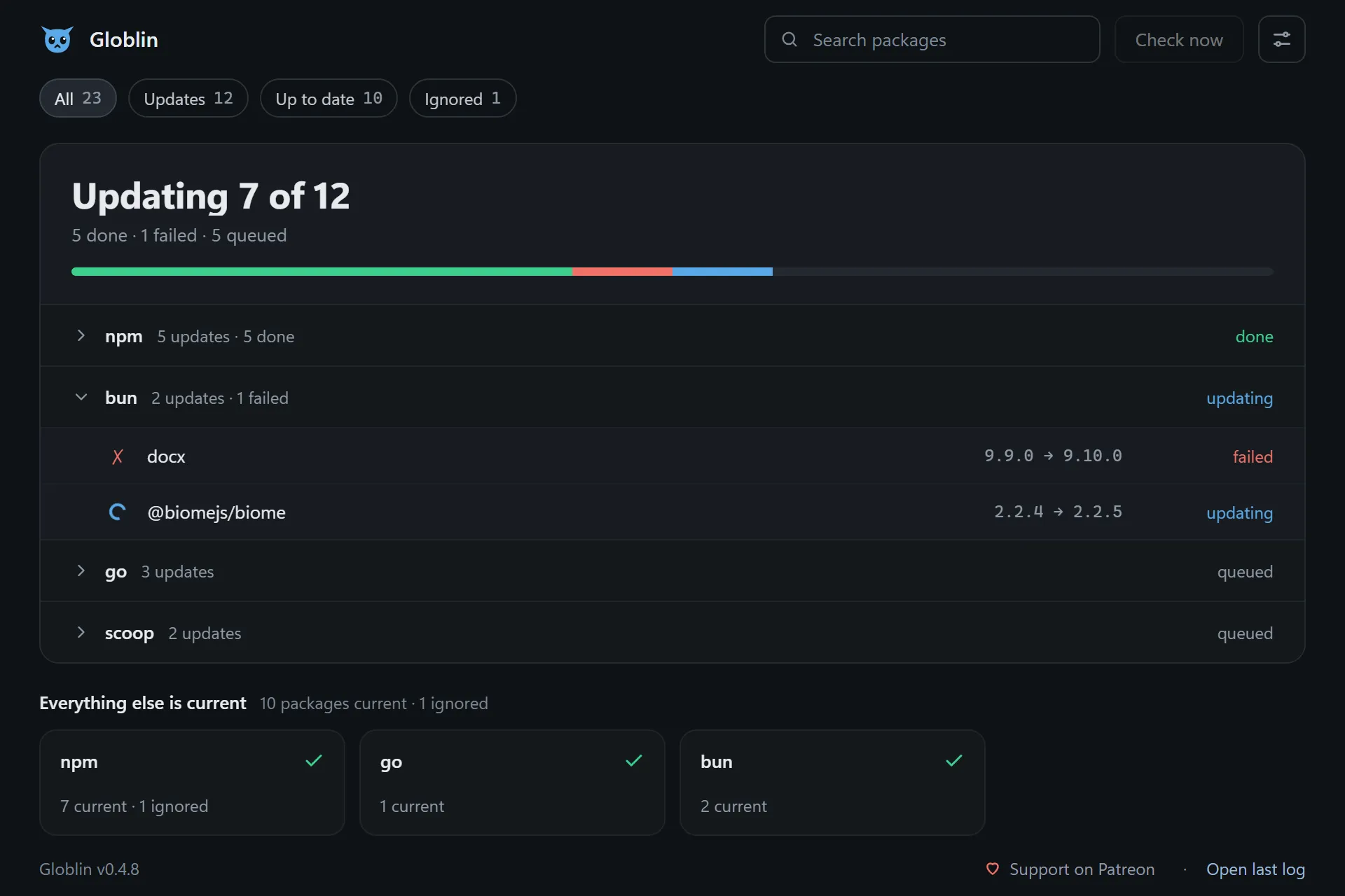 A batch update running: a progress bar with done, failed and active counts, and the queue below it
