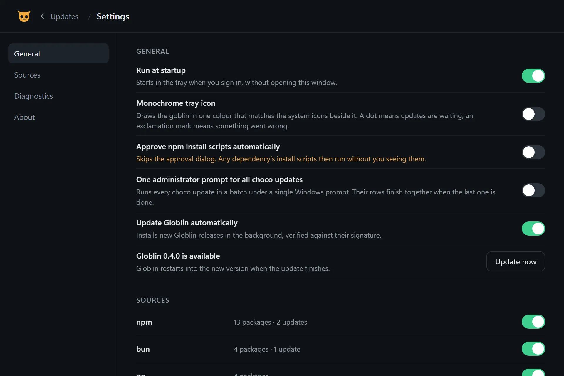 The settings page: run at startup, automatic npm script approval, Globlin updates, and a switch per package manager