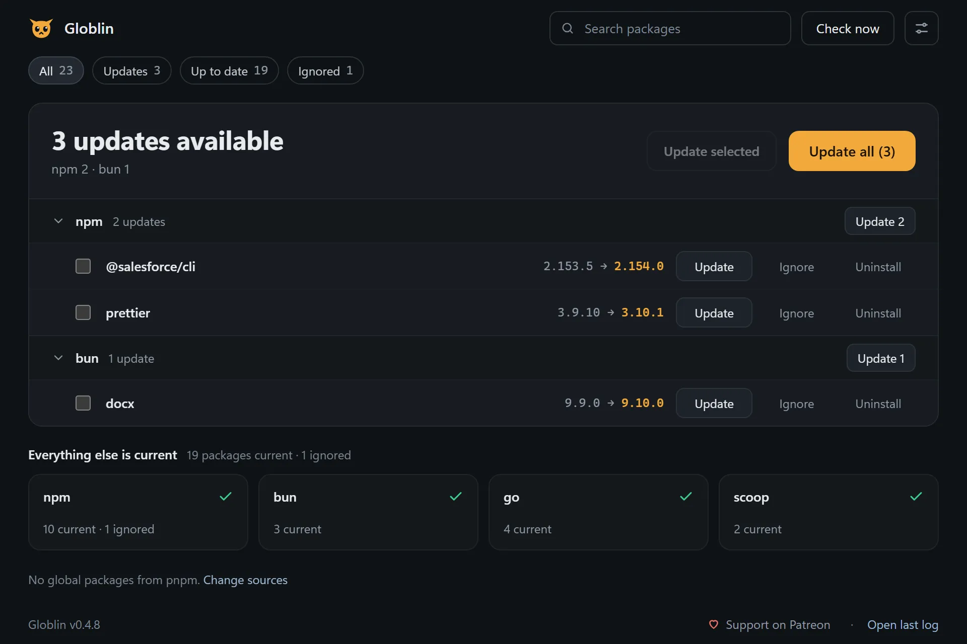 The Globlin window: three updates ready at the top with an Update all button, grouped by package manager, and every other package manager summarised as up to date below